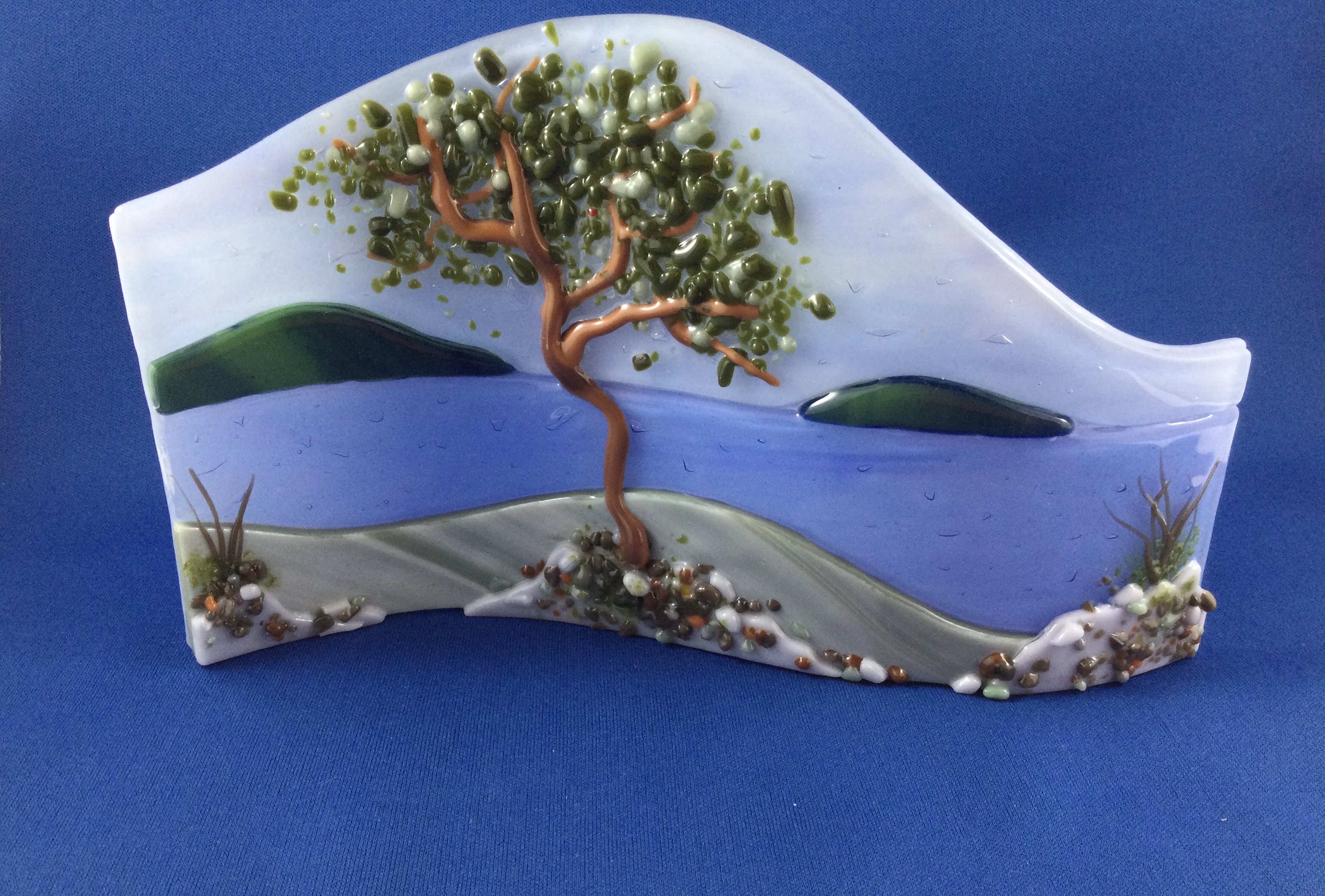 Arbutus on Shore - fused glass landscape curved scene.